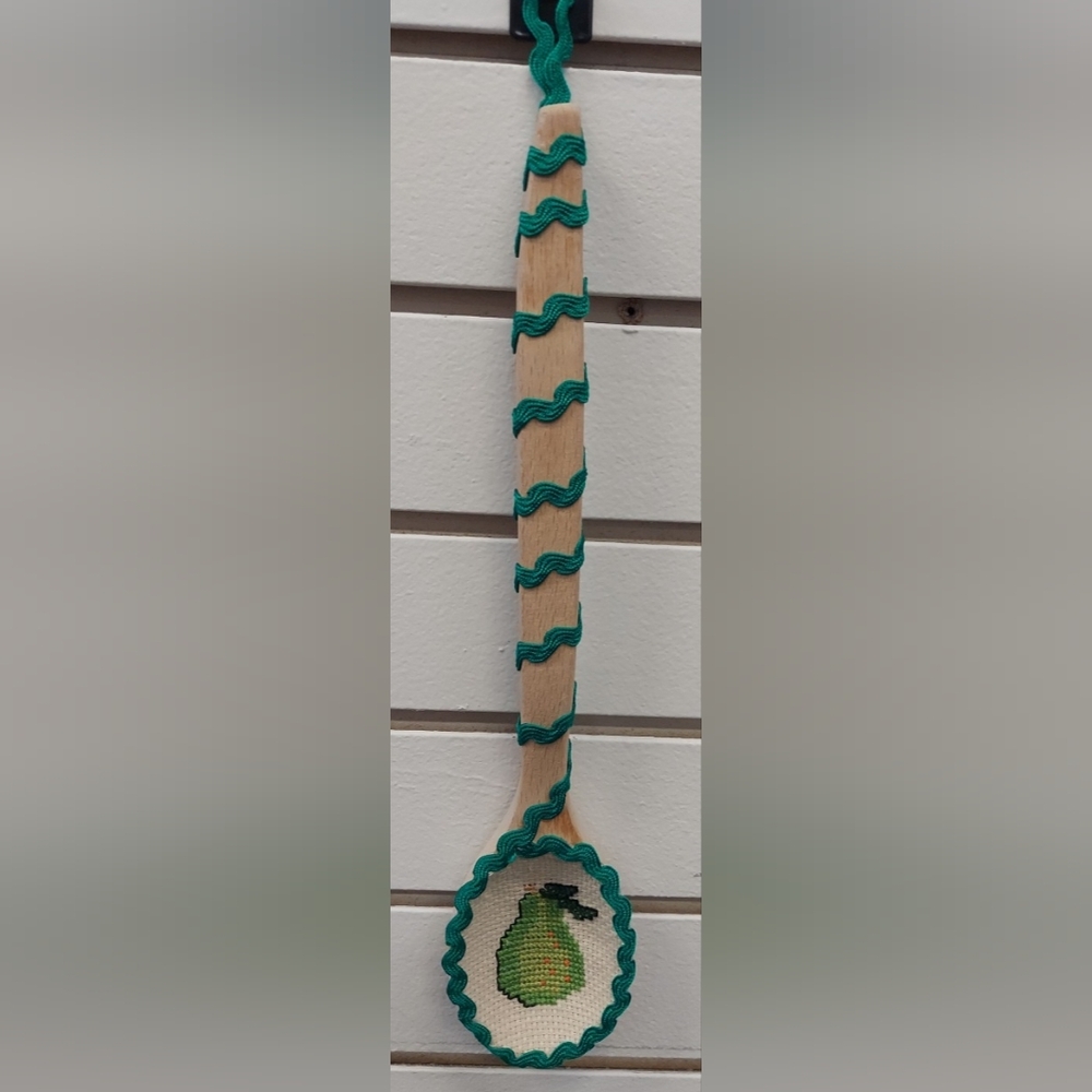 Handmade Wooden Spoon  kitchen Decor Cross Stitching Pear 13.5"